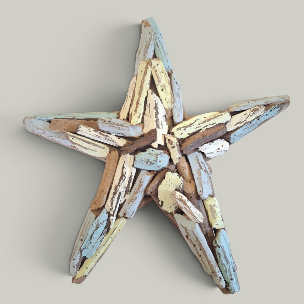 Vintage Driftwood Nautical Star Wall Art Beach Folk Art Coastal Cottage 16"in